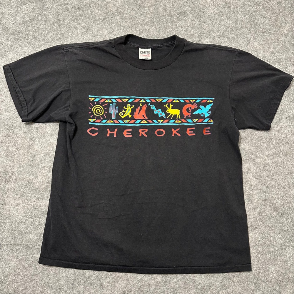 Oneita Cherokee T-Shirt Mens XL Black Vintage Single Stitch Graphic Tee USA Made